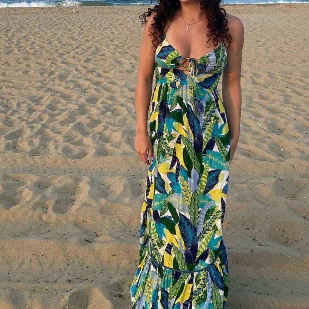 Aerie Halter Beach Maxi Sundress In Marble Blue Size Xs